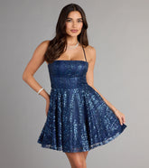 Thea Sequin Lace-Up Skater Dress